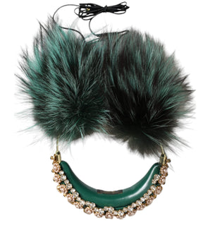 Dolce & Gabbana Green Gold Crystal Fur Headset Audio AUX Headphones