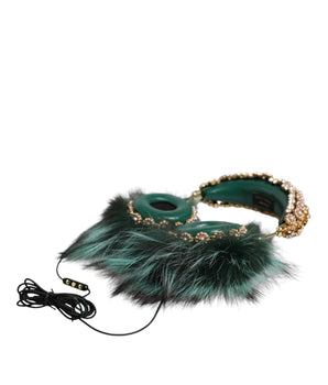 Dolce & Gabbana Green Gold Crystal Fur Headset Audio AUX Headphones