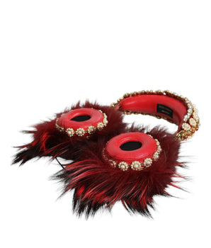 Dolce & Gabbana Red Gold Crystal Fur Headset Audio AUX Headphones