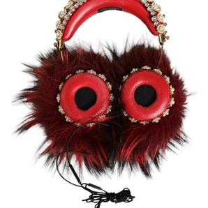 Dolce & Gabbana Red Gold Crystal Fur Headset Audio AUX Headphones