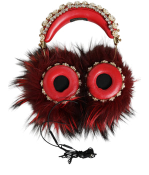 Dolce & Gabbana Red Gold Crystal Fur Headset Audio AUX Headphones