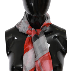 Costume National Gray Red 100% Silk Branded Scarf