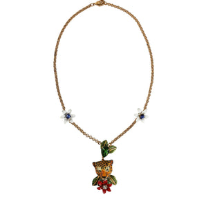 Dolce & Gabbana Gold Brass Leopard Flower Embellished Statement Necklace