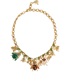Dolce & Gabbana Gold Brass Crystal Bug Charm Pendant Statement Necklace