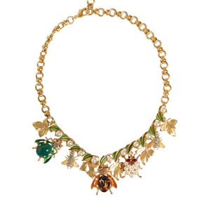 Dolce & Gabbana Gold Brass Crystal Bug Charm Pendant Statement Necklace