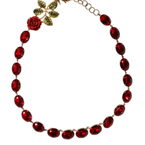 Dolce & Gabbana Gold Chain Brass Red Rose Crystal Embellished Necklace