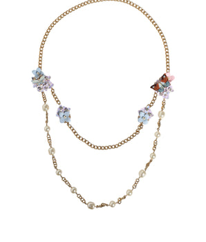 Dolce & Gabbana Gold Chain Brass Floral Layered Crystal Pearl Necklace