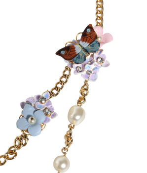 Dolce & Gabbana Gold Chain Brass Floral Layered Crystal Pearl Necklace