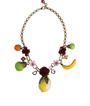 Dolce & Gabbana Gold Brass FRUIT Pendants Flowers Crystal Logo Necklace