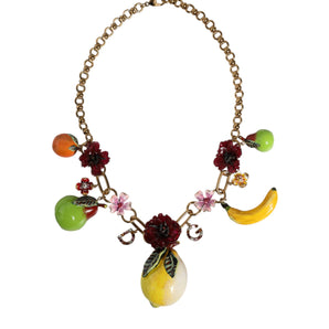 Dolce & Gabbana Gold Brass FRUIT Pendants Flowers Crystal Logo Necklace