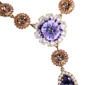 Dolce & Gabbana Gold Brass Crystal Purple Pink Pearl Pendants Necklace