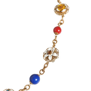 Dolce & Gabbana Gold Tone Brass Chain Floral Crystal Beaded Necklace