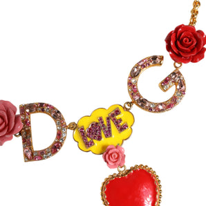 Dolce & Gabbana Gold Chain DG Logo Rose Love Crystal Charm Necklace