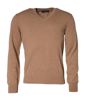 Dolce & Gabbana Brown Cashmere Knit V-neck Pullover Sweater