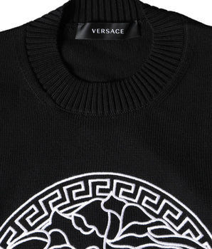 Versace Jersey negro con cuello redondo y bordado de Medusa