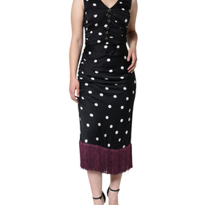 Dolce & Gabbana Black Silk Polka Dot V-neck Tassel Midi Dress