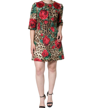 Dolce &amp; Gabbana Brown Leopard Red Roses Cotton A-line Dress
