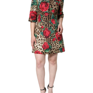 Dolce & Gabbana Brown Leopard Red Roses Cotton A-line Dress