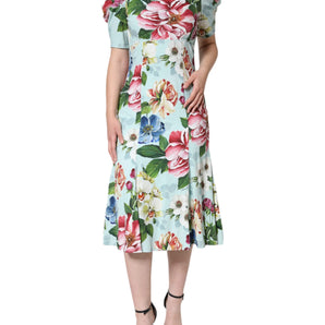 Dolce & Gabbana Green Floral Short Sleeves Round Neck Dress