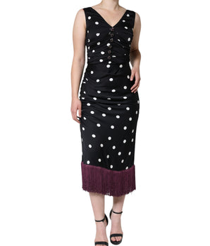 Dolce &amp; Gabbana Vestido midi con borlas y cuello en V de seda negro con lunares
