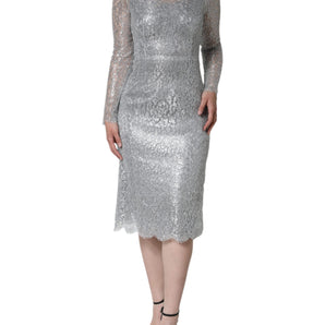 Dolce & Gabbana Silver Floral Lace Bodycon Sheath Midi Dress