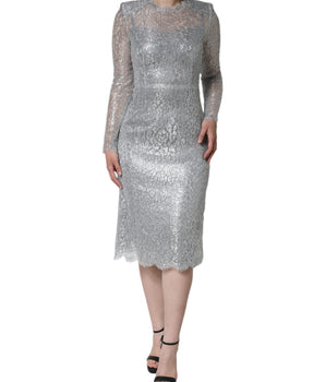 Dolce &amp; Gabbana Vestido midi ajustado con encaje floral plateado