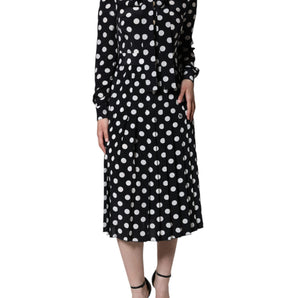 Dolce & Gabbana Black White Polka Dot Ascot Collar Midi Dress