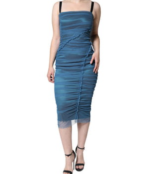 Dolce &amp; Gabbana Vestido tubo de tul fruncido con ribete de malla azul