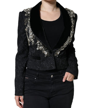 Dolce &amp; Gabbana Black Jacquard Crystal Floral Jacket Blazer