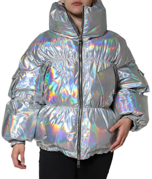 Dolce &amp; Gabbana Chaqueta acolchada con cremallera completa iridiscente plateada