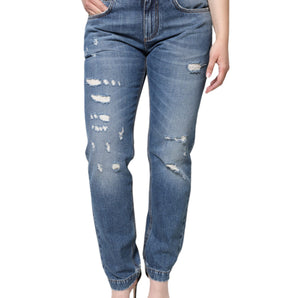 Dolce & Gabbana Blue Cotton Tattered Boyfriend Denim Jeans