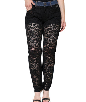 Dolce &amp; Gabbana Vaqueros pitillo de mezclilla negros con encaje floral en la parte delantera