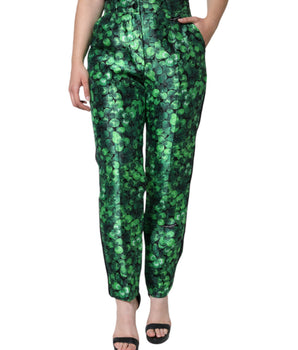 Dolce &amp; Gabbana Pantalones cónicos de cintura alta de satén de seda con trébol verde