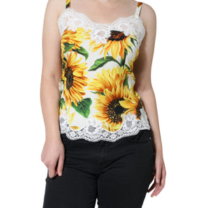 Dolce & Gabbana White Silk Sunflower Lace Sleeveless Tank Top