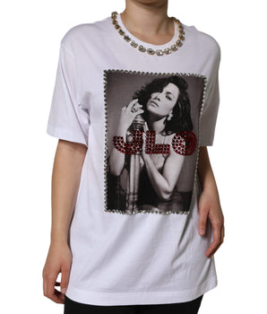 Dolce &amp; Gabbana White Crystal Neckline Embellished Printed T-shirt