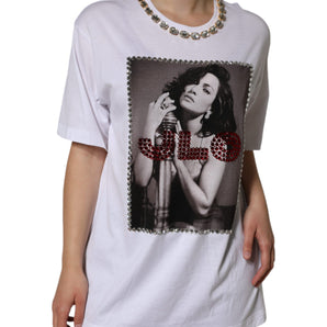 Dolce & Gabbana White Crystal Neckline Embellished Printed T-shirt