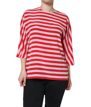 Dolce &amp; Gabbana White Red Striped Silk Round Neck T-shirt