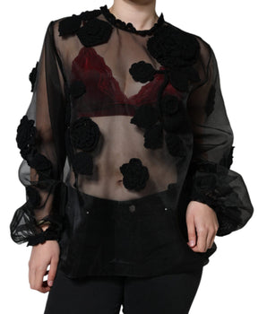 Dolce &amp; Gabbana Blusa floral transparente de malla de nailon negra