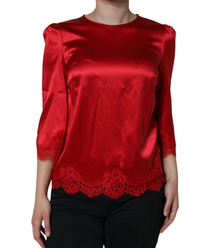 Dolce &amp; Gabbana Blusa con cuello redondo y ribete de encaje de satén rojo