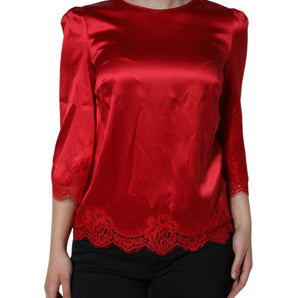 Dolce & Gabbana Red Satin Lace Trim Round Neck Blouse Top