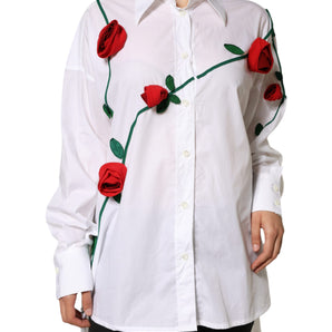 Dolce & Gabbana White Cotton Flower Applique Dress Shirt Top