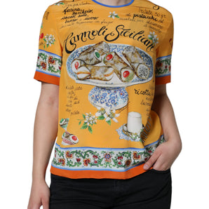 Dolce & Gabbana Orange Silk Cannoli Siciliana Print Short Sleeves Top