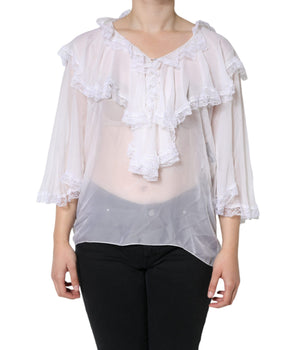 Dolce &amp; Gabbana Blusa blanca de manga larga con encaje y volantes