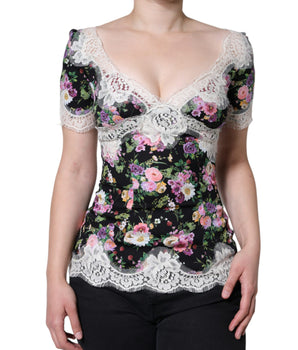 Dolce &amp; Gabbana Blusa de manga corta con encaje floral negro