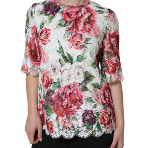 Dolce & Gabbana White Peony Lace Short Sleeves Blouse Top