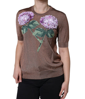 Dolce &amp; Gabbana Top de manga corta de viscosa con aplique floral marrón