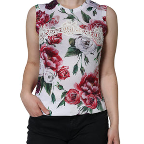 Dolce & Gabbana White Floral Lace Silk Sleeveless Tank Top