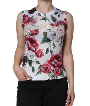 Dolce &amp; Gabbana Camiseta sin mangas de seda con encaje floral blanco