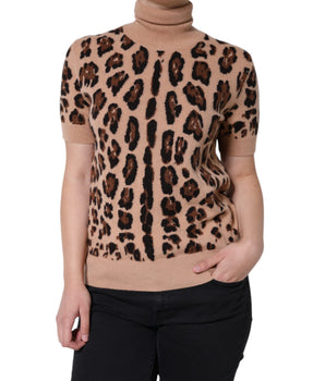 Dolce &amp; Gabbana Top de cuello alto de lana con estampado de leopardo beige