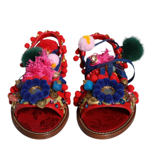 Dolce & Gabbana Multicolor Pom Pom Fur Wrap Sandals Shoes